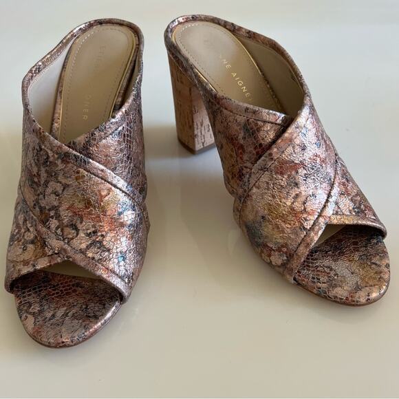 Etienne Aigner Bronze Metallic Cork Block Heel Heeled Mule Sandal Womens 8.5 - Picture 1 of 10
